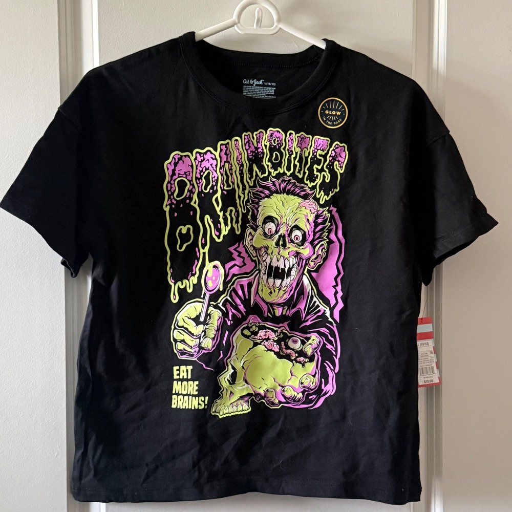 Cat & Jack Boys Glow in Dark Zombie Brain Bites Graphic Tee L 10/12 NWT Black